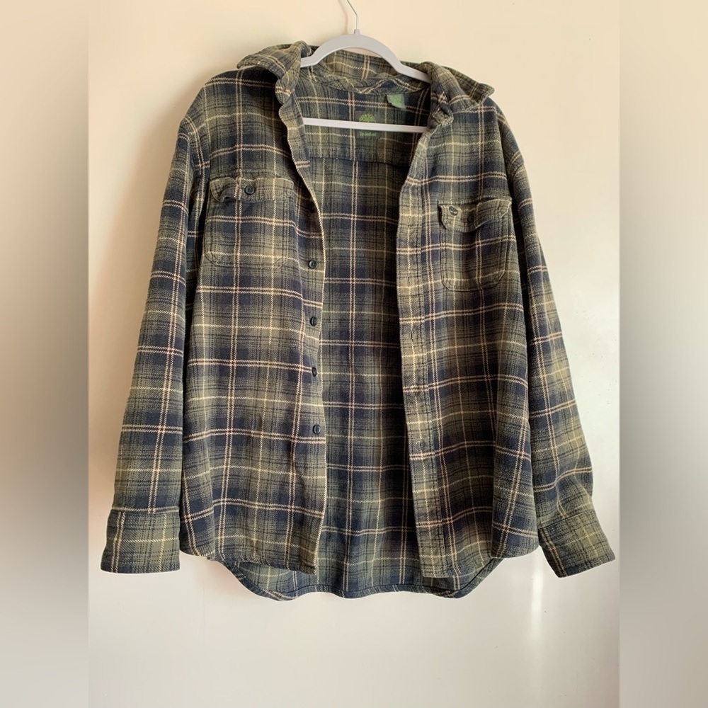 Timberland Flannel Top Button Down Mens Brown Green Size Large Fall Long Sleeve